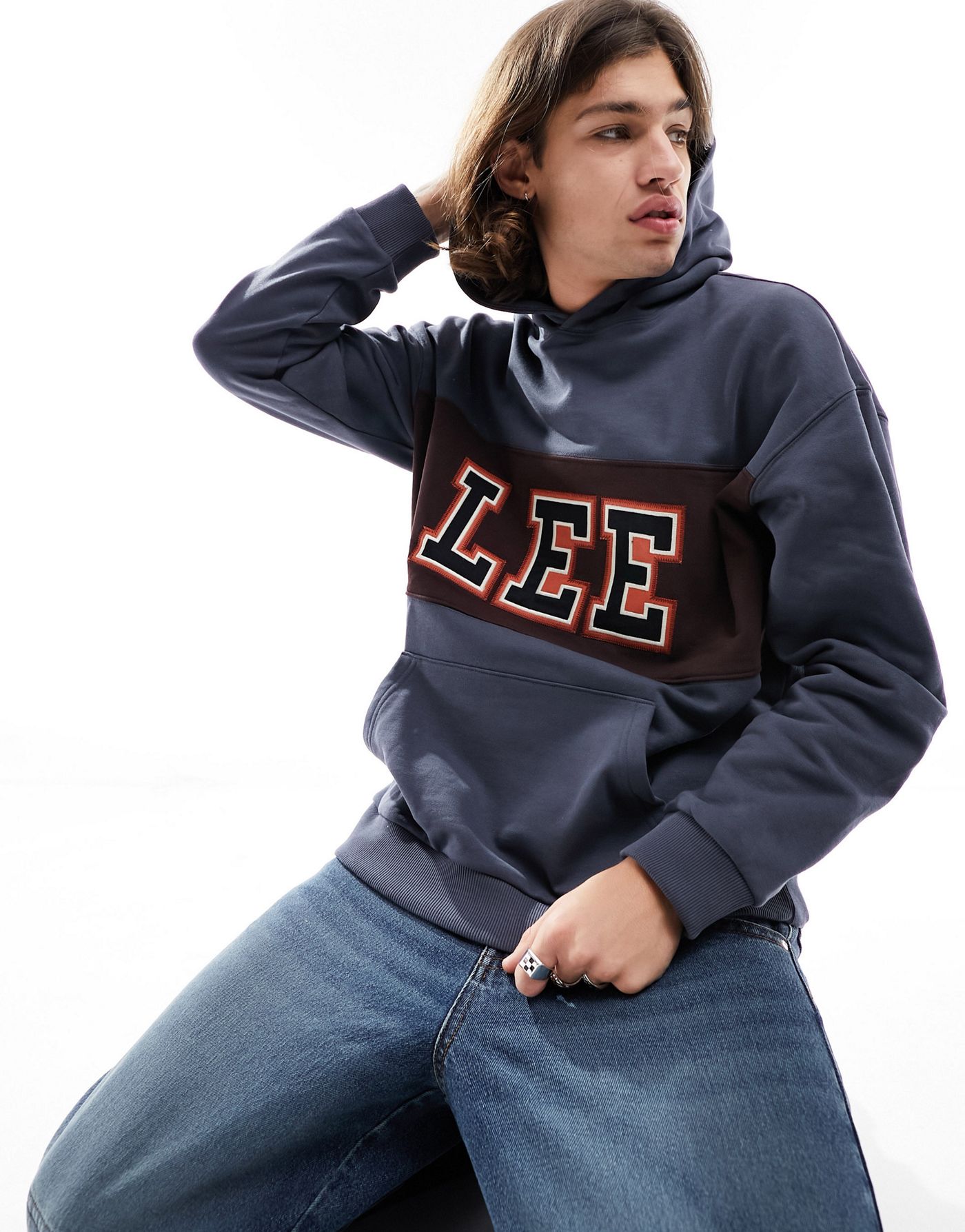 Lee varsity logo chest panel oversized hoodie in dusty navy